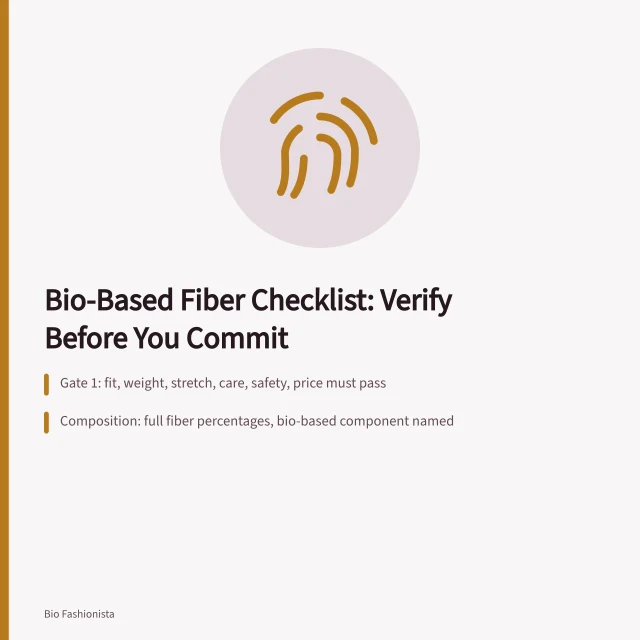 Checklist card for verifying bio-based fiber composition, feedstock, and performance claims. Points worth confirming before you commit to bio-based fibers