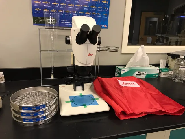 Large microscope used for counting microplastics found in water samples. Bio-Based Synthetics Microplastics Shedding: How Tests Work