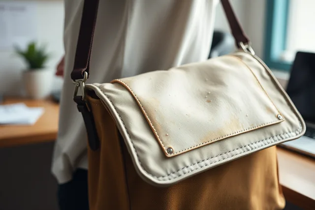 Microbial cellulose composite bag panel flexing, abraded, rain-speckled, with stitching and metal hardware. How much of biofabricated materials is genuinely settled?