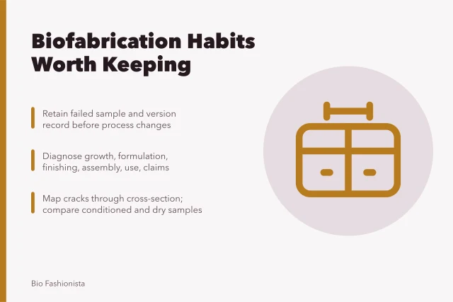 Biofabricated material sample diagnostics: cracking, delamination, batch variation, and disposal claims. Which habits around biofabricated materials are worth keeping?