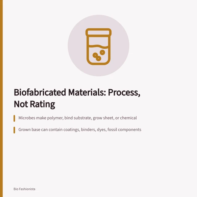 Card explaining biosynthetic and biofabricated material routes and verification questions. Biosynthetic and biofabricated materials, reviewed without the sales pitch