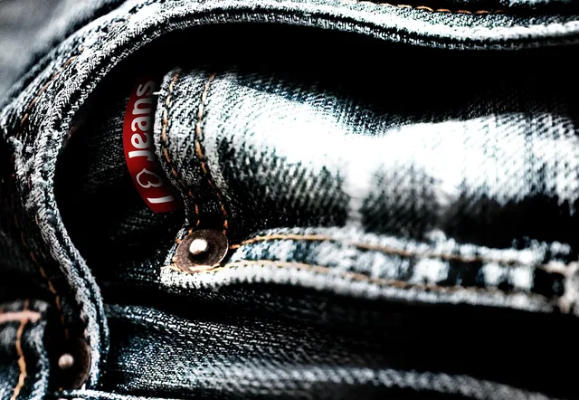 jeans, trousers, denim, logo, clothing, textile, fashion, ebv, blue, red, pocket, washed out, stonewashed, used, worn, bleach bypass. Clothing labels and certifications: how to read them