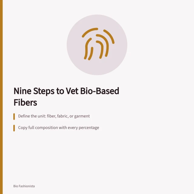 Checklist for evaluating bio-based fiber claims and composition. Steps for budgeting for bio-based fibers without missing a beat