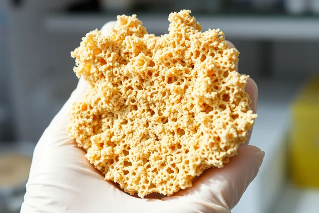 Close-up of a mycelium composite material sample with fibrous texture. Before you settle on biofabricated materials, work through these steps