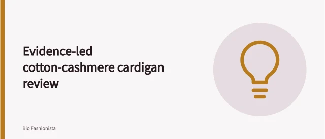 Card summarizing evidence steps for cotton-cashmere cardigan fiber claims. Natural textile fibers in practice: an evidence-led example, explained properly