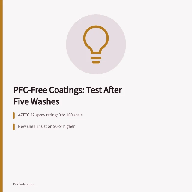 Water sprayed at an angle onto bio-based jacket fabric in a spray test rig. PFC-Free Waterproof Coatings on Bio-Based Jackets: Do They Work?