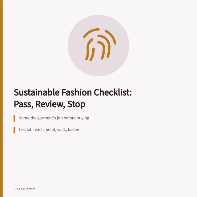 Checklist card for judging garment sustainability with pass, review, stop. Sustainable fashion checklist: review need, fit, labels, construction, care, claims, repair