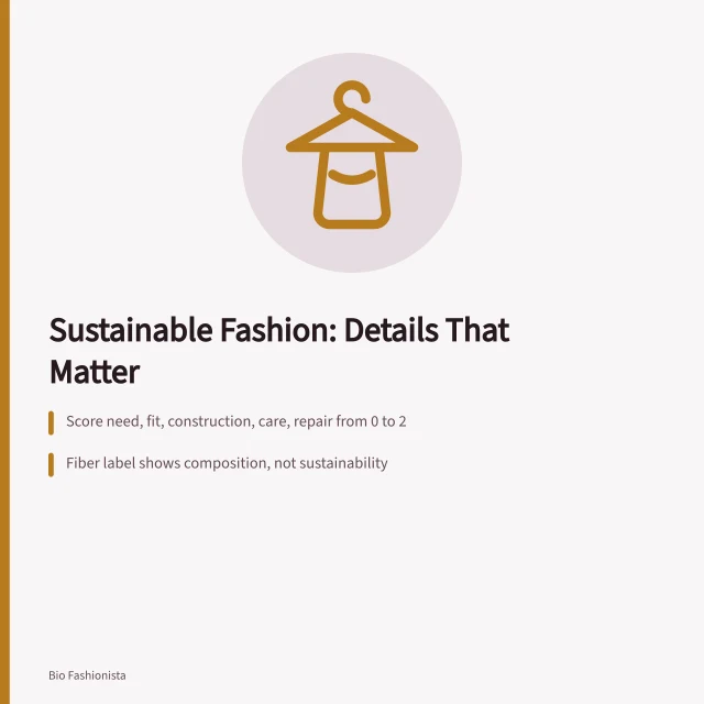 Card outlining sustainable fashion factors: need, fit, construction, care, repair, fiber composition. Sustainable fashion for people who want the details