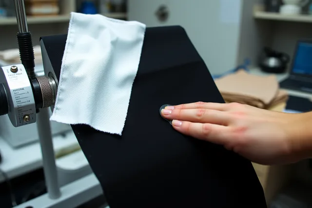Wet rubbing test on black cotton twill fabric showing dye transfer. Making sense of dyes and finishes: follow a fictional black cotton-shirt review through evidence logs, failed
