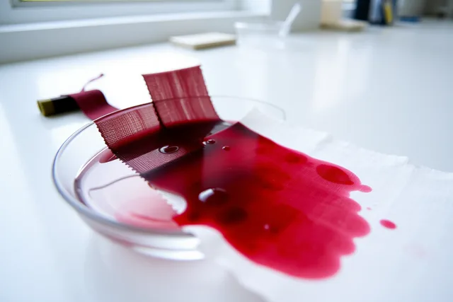 Dyed fabric swatch bleeding color into water beside undyed control cloth. Treating textile dyes and finishes as a real decision, not a guess