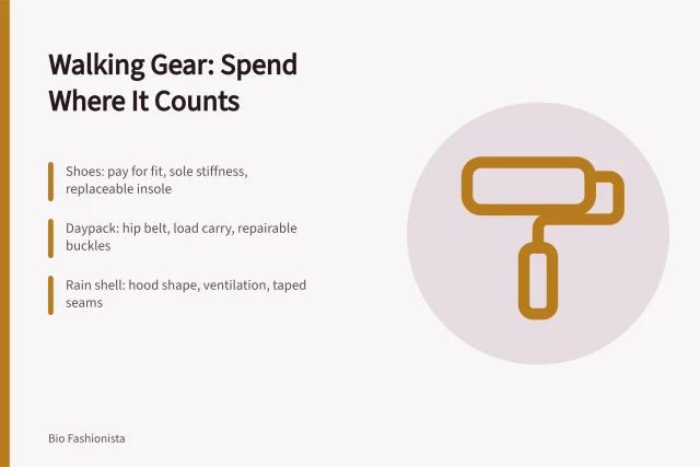 Card comparing walking gear categories by where money changes the outcome. How to think about urban walking gear as of 2027