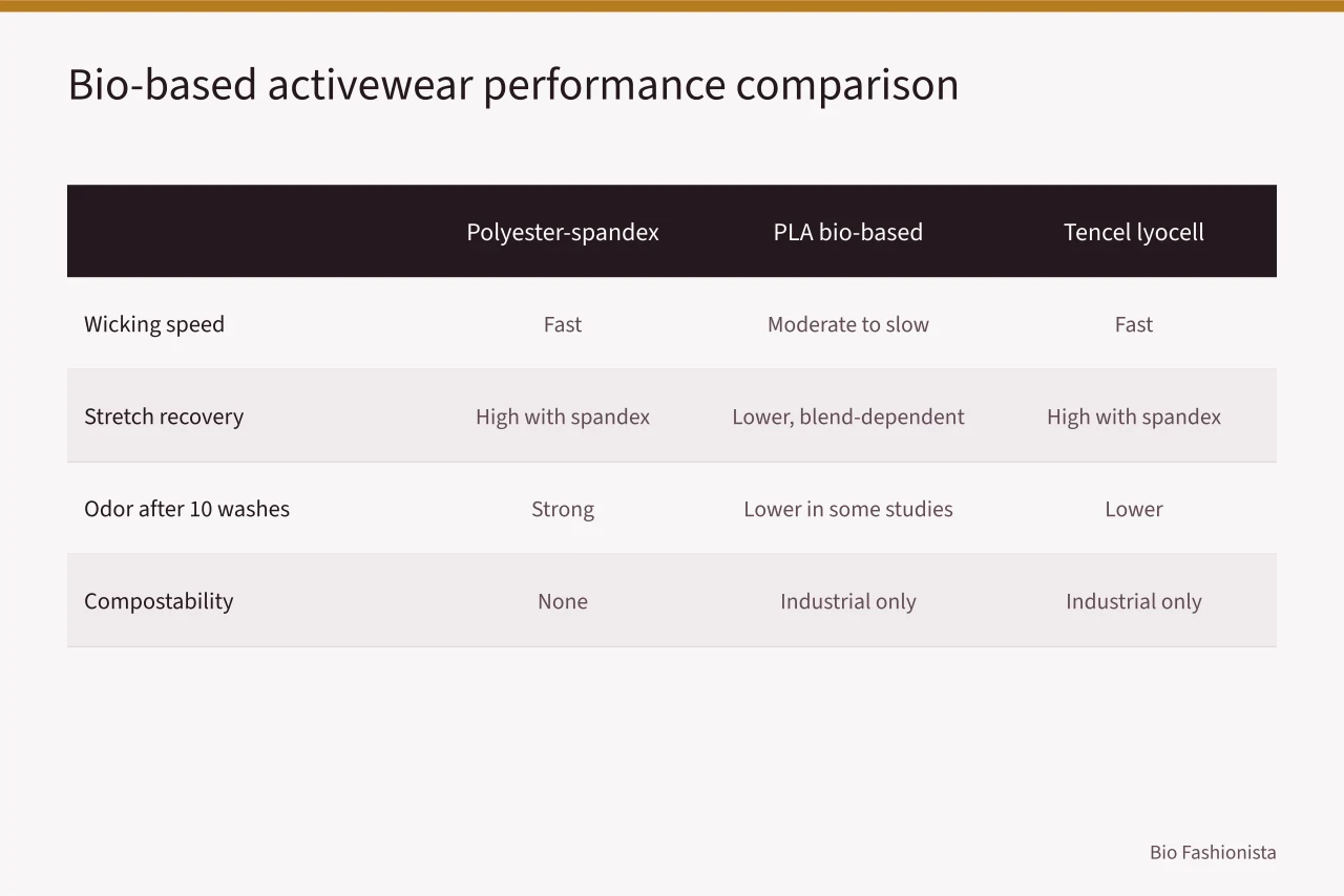 Comparison table of polyester-spandex, PLA blend, and Tencel lyocell activewear (Bio-Based Activewear Reviewed: Sweat, Stretch, and Stink)