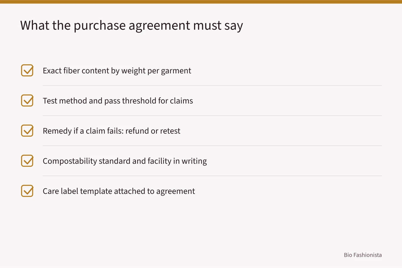 Checklist of terms required in a bio-based activewear purchase agreement (Bio-Based Activewear Reviewed: Sweat, Stretch, and Stink)