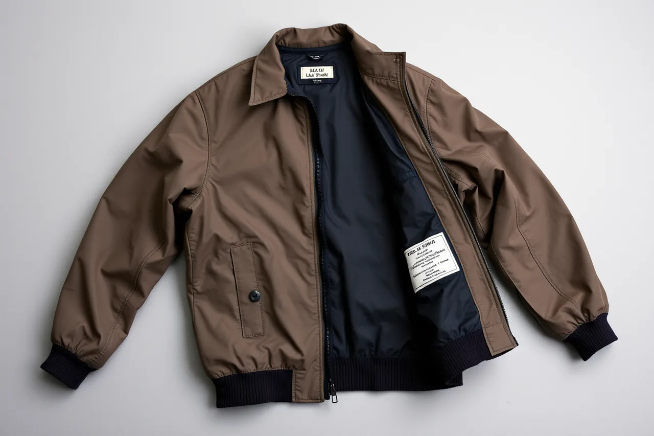 Lightweight city jacket laid flat showing zipper, snaps, cuff tabs and labels (What a traceable circular fashion design example can show (2027 update))