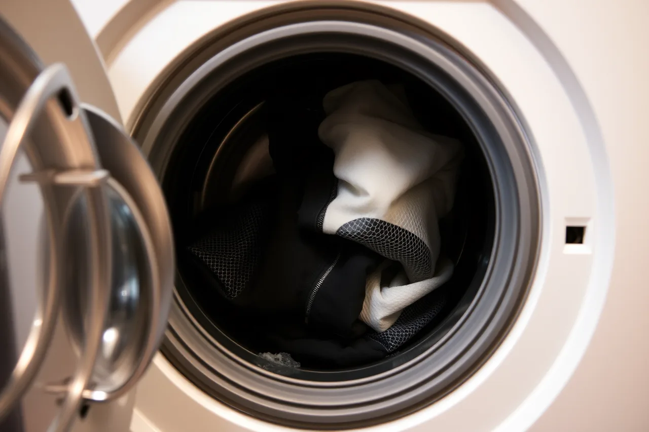 Front-loading washing machine running with a mesh bag and zipped garment inside (Choosing between the main garment durability and care options in 2027)