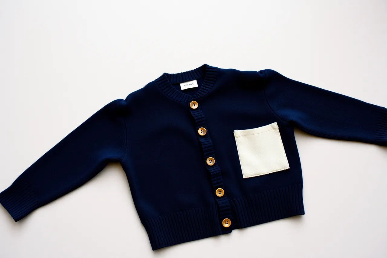Navy knit cardigan with ribbed cuffs, buttons, and light pocket lining (Why do the usual assumptions about durability and care keep failing?)
