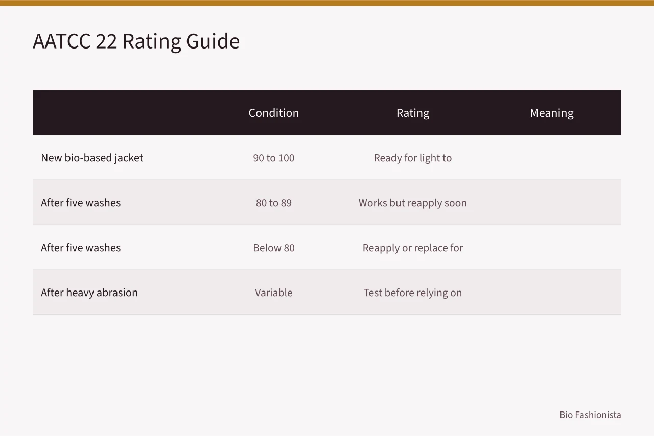 Table comparing AATCC 22 ratings and their meanings (PFC-Free Waterproof Coatings on Bio-Based Jackets: Do They Work?)