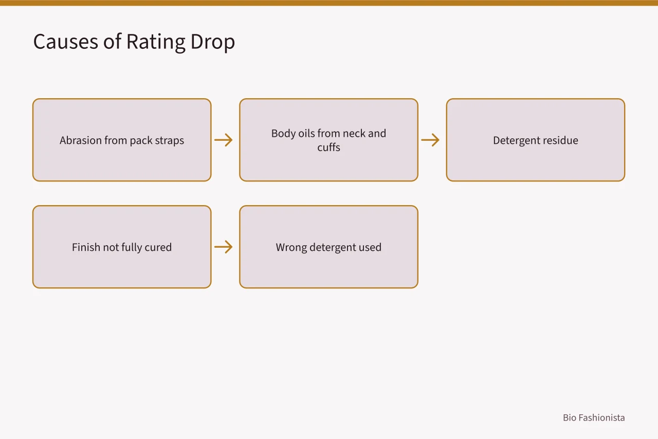 Flowchart of factors that can lower spray rating (PFC-Free Waterproof Coatings on Bio-Based Jackets: Do They Work?)